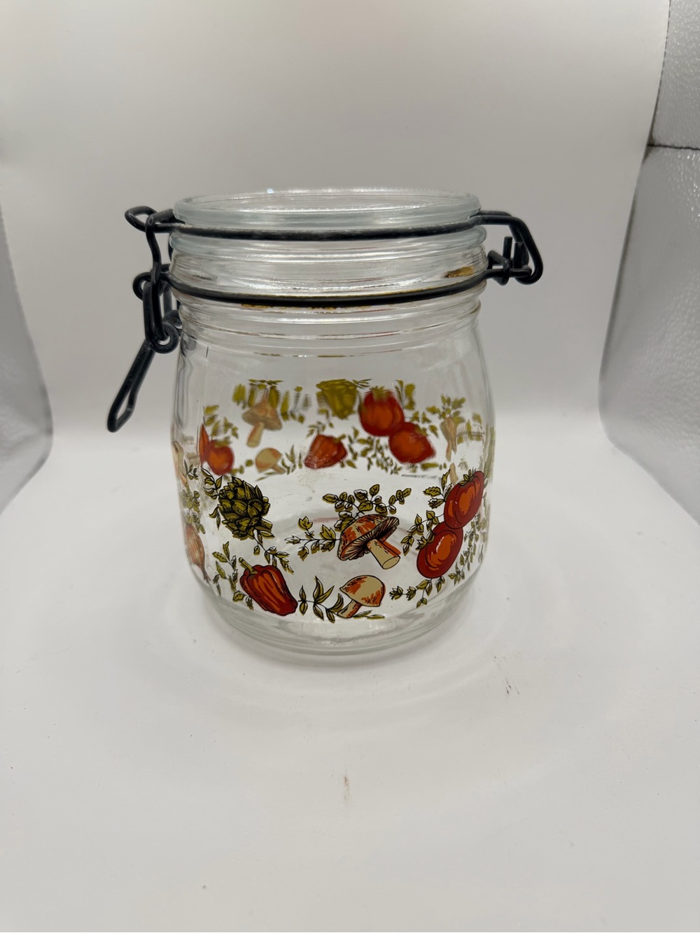 Corningware Glass Cookie Jar with Orange and Green Harvest Pattern